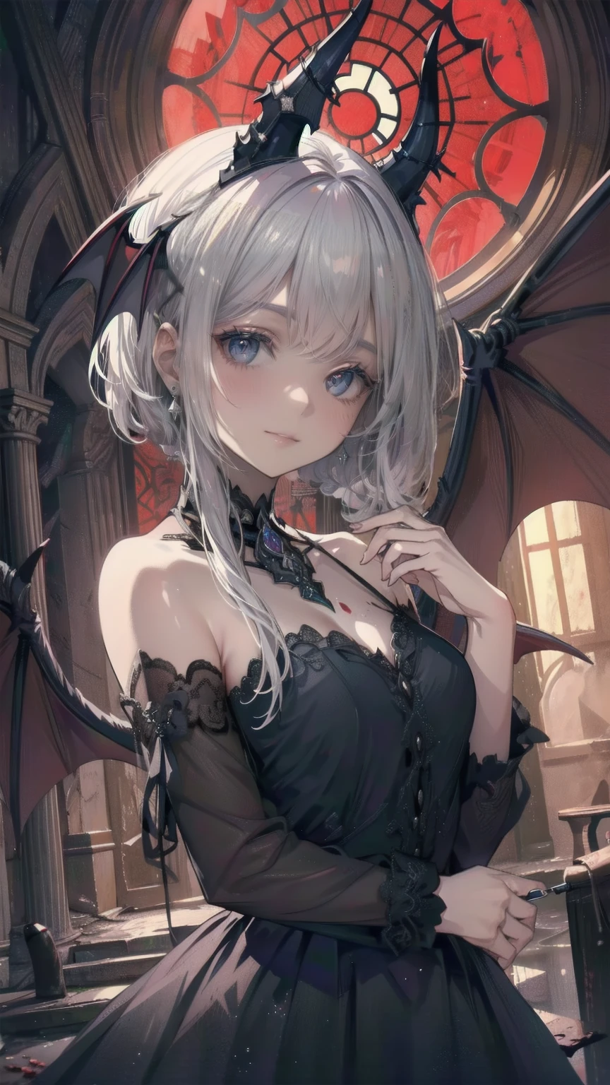 Highly detailed wallpaper, Extremely detailed, Detailed Shadows, Highly precise and detailed, Highly detailed 8k wallpapers, Very beautiful 8K CG wallpaper,Old ruined church. . Her black dress is torn，There are stains in many places. Her Gray Hair is dull, Long and Disturbed. Light shines through a broken stained glass window。.Demon horns on head.It has bat wings on its back.tooth,(Best Writing, Extremely delicate and beautiful),(Best Writing, Extremely delicate and beautiful), (Beautiful and delicate face), (Detailed eyes and face:1.2), Dark fantasy,  Alone, Cute Smile, Gray Hair, Dynamic Angle, vampire), (gaint vampire castle in background),  (Red Moon, Red Sky), pointed_, tooth, Devil&#39;s Wings, Devil horns, There is blood on the face, Blood Rain, Blood Mist, (Depth of written boundary), High Contrast, (Blood splatter:1.4), Cowboy Shooting, whole body,Little b doll, Cool Beauty, Makeup, Affectionate and lewd expression, Captivating eyes, Yandere, Crazy Smile, Scary smile, Wicked Smile, A mean smile, Green, Malicious smile, Creepy Smile, Big Eyes, Big Mouth, compensate, Yellow fluffy messy wavy short hair, Ahoge, Straight bangs, Wearing a fluffy red gothic dress, Perfect proportions, BREAK Halloween Effect, Fog filter effect, Glitter effect, BREAK Orange background, Purple and black paper cutting and shadow art, Low Bit Mosaic, Spiral random color change effect, Destroy delicate and dynamic textures, Light and shadow contrast, 2.5D, Artistic photography, Surreal, Digital Graphic CG, Break Super Details, The perfect solution, Best Quality