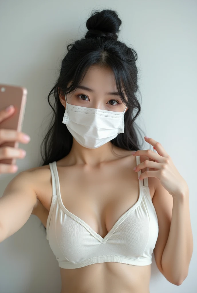 ((Selfie style in my room)),((student))、((very young))、((very cute))、((so adorable))、((Please wear a white non-woven mask)),highest quality, masterpiece, ultra high resolution, (realistic:1.4), Raw photo, very detailed, perfect anatomy, 1 girl, 18-year-old, famous japanese idol, Front view, close-up of crotch,, ((emphasize the chest))