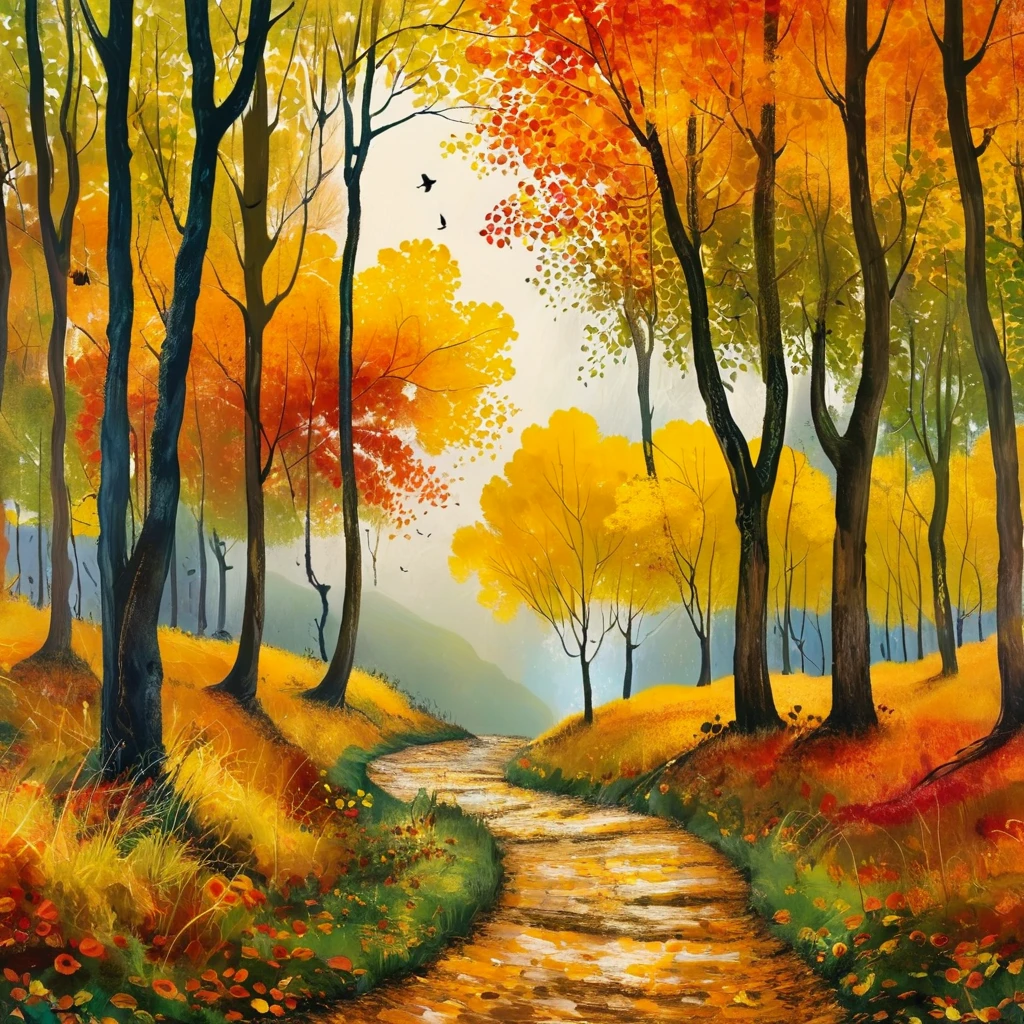 Masterpiece, great composition, top quality, beautiful autumn scenery, walking path through deciduous forest, colorful landscape painting, perfect for mobile phone wallpaper.