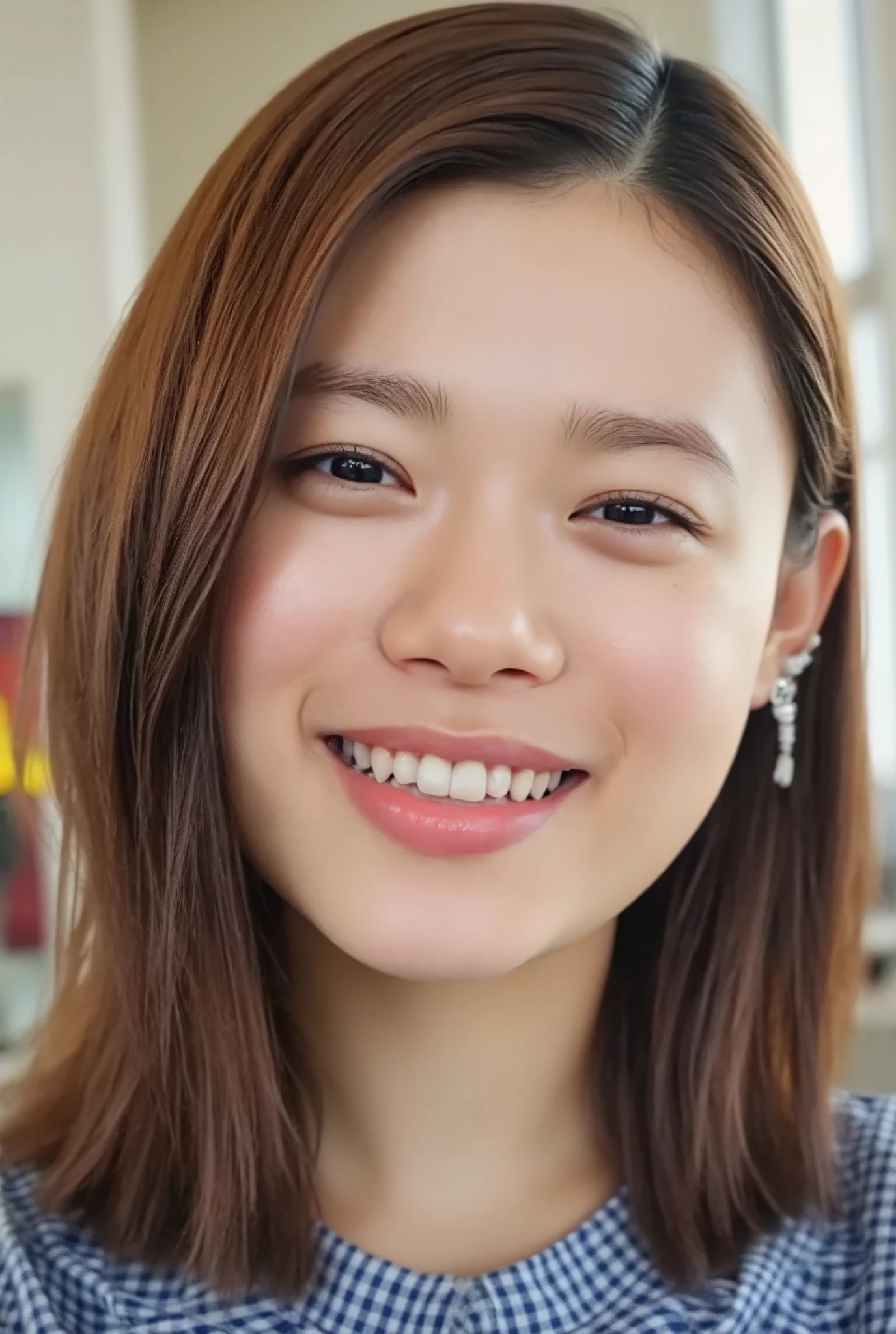 smile, (Best Quality:1.5), (Skin texture and pores:1.7), Sharp focus captures the entire face、Creates natural shadows on the cheeks and forehead, (HDR:1.4), Pores and fine skin details are realistically depicted.、Lighting enhances skin texture (Skin Detail:1.8), The lips have a slight sheen、The natural pink color creates an elegant reflection of light., The hair is realistically expressed.、The background is blurred, giving it a luxurious feel with studio lighting. (Background Blur:1.3)