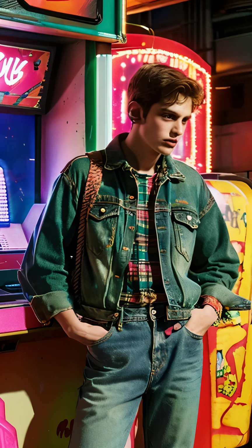 Design an illustration of a 1980s ager wearing acid wash jeans and a plaid shirt, listening to a Walkman in a neon-lit room with an arcade machine and rock band posters.