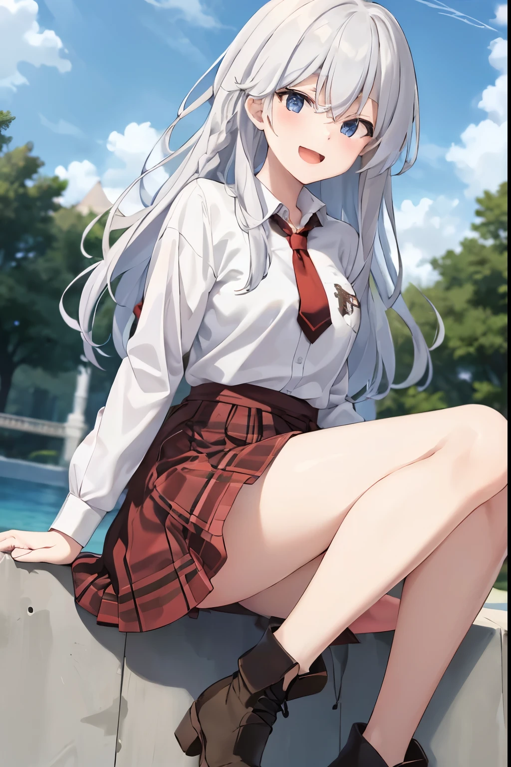 (masterpiece, best quality, highres),
elaina, solo, , red and black checkered shirt, smile, long hair, open mouth, sky, lumberjack shirt, thighhighs, blue necktie, looking at viewer, :d, , boots,  brown denim trousers, water drop, cloud, high heels, black footwear,  braid, outdoors, high-waist skirt, collared shirt,