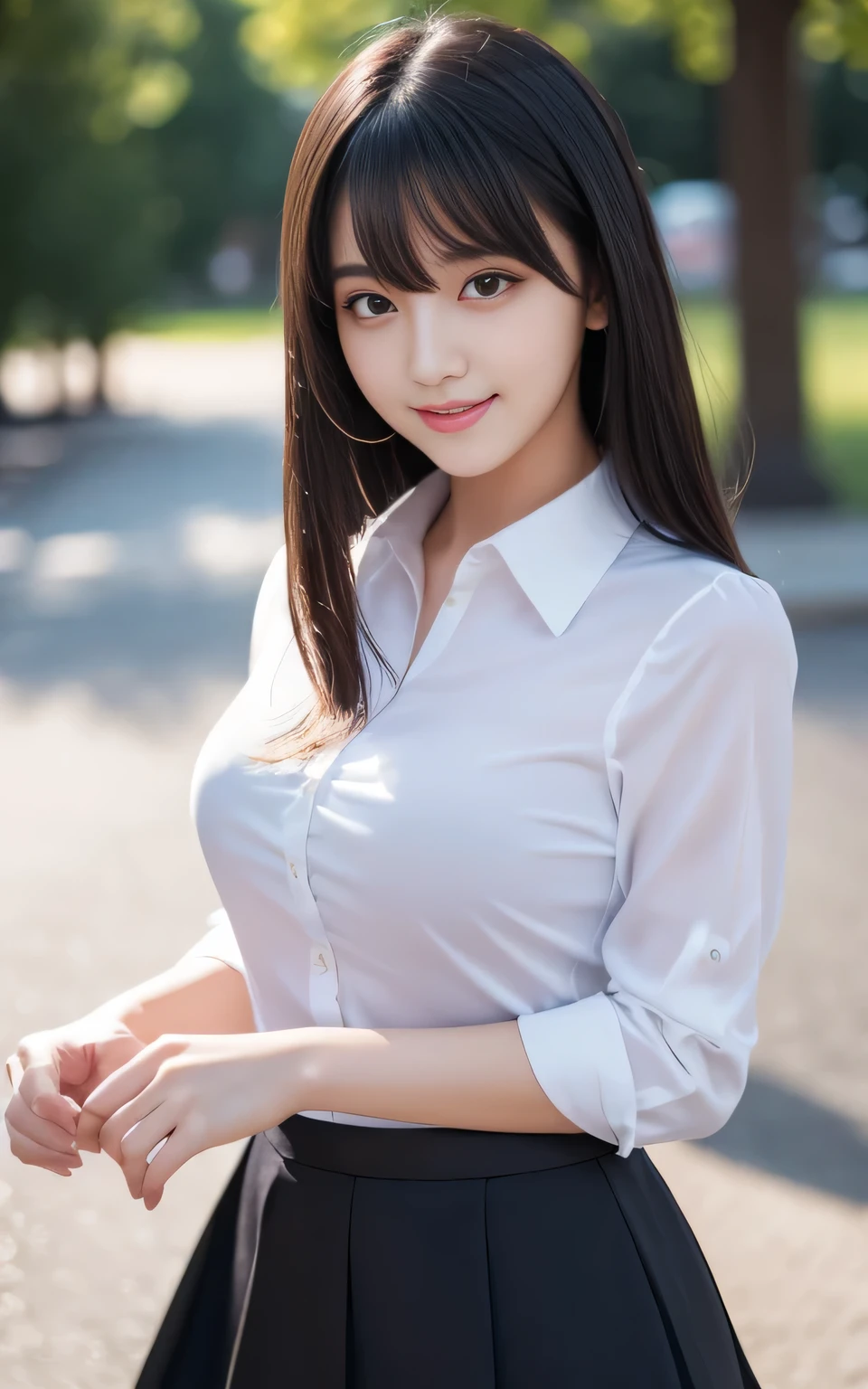 (1milf:1.37, night situation:1.37), (Realistic, Photorealistic: 1.37), (Masterpiece, Best Quality: 1.2), (Ultra High Resolution: 1.2), (RAW Photo: 1.2), (Sharp Focus: 1.3), (Face Focus: 1.2), (Ultra Detailed CG Unified 8k Wallpaper: 1.2), (Beautiful tan Skin: 1.5), (tan Skin color: 1.5), (Hyper Sharp Focus: 1.5), (Ultra Sharp Focus: 1.5), ( Beautiful pretty face: 1.3), (Japanese actress face:1.3), (super detailed background, detail background: 1.3), BREAK, a very cute and beautiful Japan pictures of women, (sexy model), professional attire, (38 years old: 1.1), portrait of a girl with a bright smile, upper body image, When viewed from the front, the composition is symmetrical, (dramatic lights: 1.3), (backlight: 1.3), lighting that covers the whole body, looking straight at you, natural posing, arms behind back:1.3, break, (mahogany thin hair: 1.2, wavy bob hair:1.2), dark brown eyes, beautiful eyes, princess eyes, ((mahogany hair:1.3)), bangs, Hair between eyes, (voluptuous:1.47, curby), (medium-breast;1.37, sagging breasts:0.95), (thin waist: 1.05), (detailed beautiful girl: 1.4), BREAK, (Chest squeezed together, View viewer, (school girl outfit;1.37, white collared shirts:1.37, black box-skirt:1.37, detailed clothes, attractive look)), Solo, Parted lips, Red lips, (shiny skin:1.3, oily skin:1.3), BREAK, (resort pool background:1.25, simple background:1.25), (Dishonest laughter, light seductive smile:1.15, cute smile:1.15), ((Perfect Female Body)), (Upper Body Image:1.3, bust-up-potrait:1.3), Frame Head, Perfect Anatomy, Perfect Proportions, 8.5 Life-Size, Face Focus, Ultra Realistic Photo, Hyper Sharp Image, Hyper Detail Image,