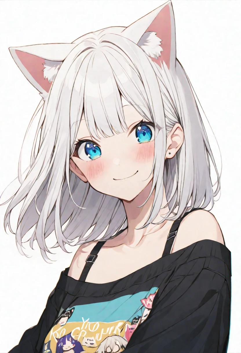 alone,good looking, 
1. girl,
bangs,Straight hair, Chest length hair,
White Hair, 1,
Nakano Nino,Cat ears,
Light blue eyes,
Black oversized パーカー,Bra straps,casual,Stylish,
skin,
white background,
simple background,Face up,İconPuff out your cheeks, Blushing, smile, Asahi,