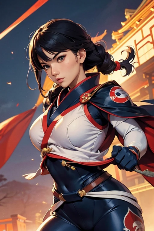 Japanese woman, beautiful face, hair tied in bun, maria chiquinha, black hair, straight hair, caramelized brown eyes, red colored Chinese dress with neckline, thick thighs, large breasts, curvy, thin waist, white skin, red cloth armbands, red colored Chinese sneakers, battle arena, medieval setting, fighting pose.