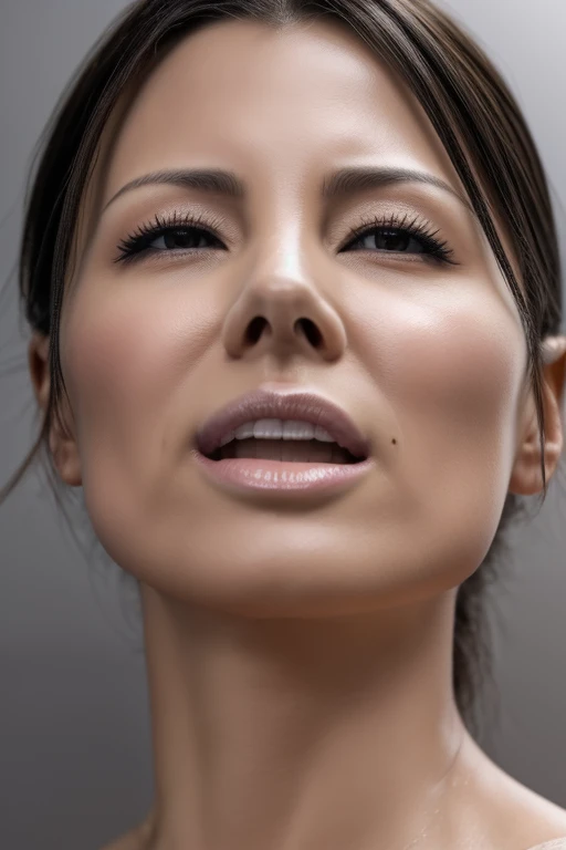 Kate Beckinsale、High resolution and realistic photos,8k,Realistic skin texture,Born々New People々々々,1 girl,Tabletop,,Award-winning photography, Very detailed, Keep your eyes focused, Nose and mouth,Face Focus, extreme close up of face、Woman with open mouth and closed eyes, Black camisole、20 years old,Black-haired、Symmetrical face,Realistic nostrils、Angle from below、Elongated C-shaped nostrils,((Gray background))、Sweaty skin、汗でGlowing Skinを強調する照明、((Sharp Nose))Sweaty skin glistens、Shiny skin、Sweaty hair、sunlight、(Brow wrinkles)((Frowning))（Cum on tongue)、Deep Kiss、((Thin eyebrows))(((Oily skin)))、Glowing Skin、double eyelid、Wet and shiny tongue、Hair tied up、Updo、(((Girl is trembling with sexual climax)))(((Oily and Glowing Skin)))((Sweat gushes out of the pores))