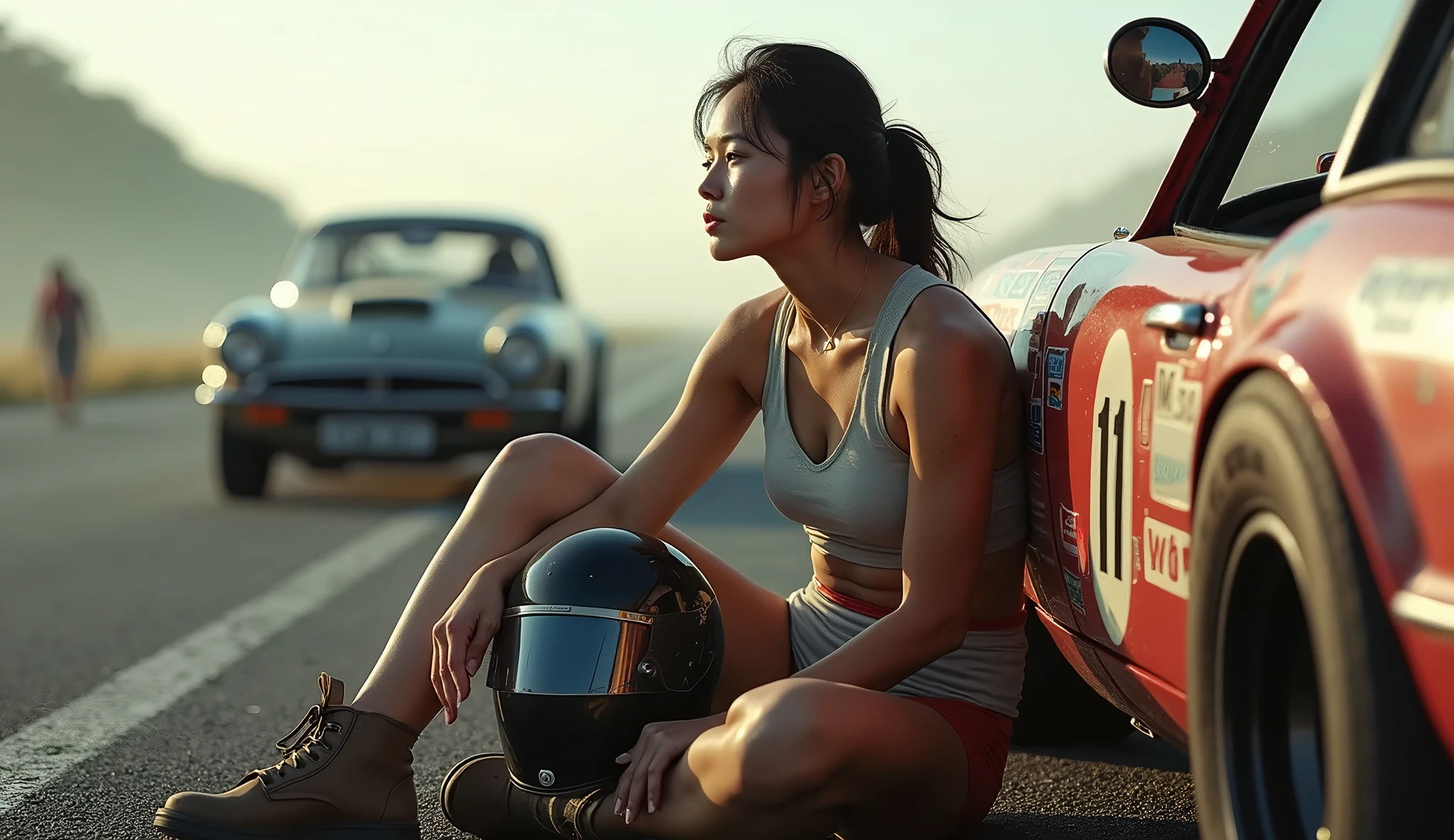 photograph, A Japanese woman driving an open-top military jeep through the wilderness, 2, ponytail, Olive drab tank top, Cigarette in mouth, High resolution, Anatomically correct, Highest quality, High detail, Very detailed, Textured skin, smiling,