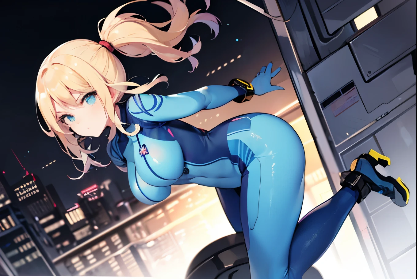 zero suit samus, blue eyes, waistshot, zero suit, pantyhose