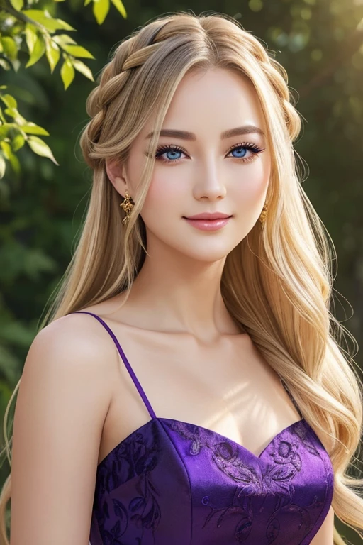 European Royal Milf、3 with pale, smooth skin、An elegant beauty、Rich blonde medium-length hair、Her hair is gently wavy and intricately braided on the side.、Natural and elegant make-up、Grey Eyes、The almond-shaped eyes have drooping corners, giving the face a gentle appearance.、Double eyelids and long eyelashes、Thin eyebrows create a beautiful curve、in the garden、She is wearing a gorgeous purple dress with gold trim and a low neckline.、Looking up at me with a smile、Draw a face in detail、High-definition real photo、Realistic lighting、16K Quality