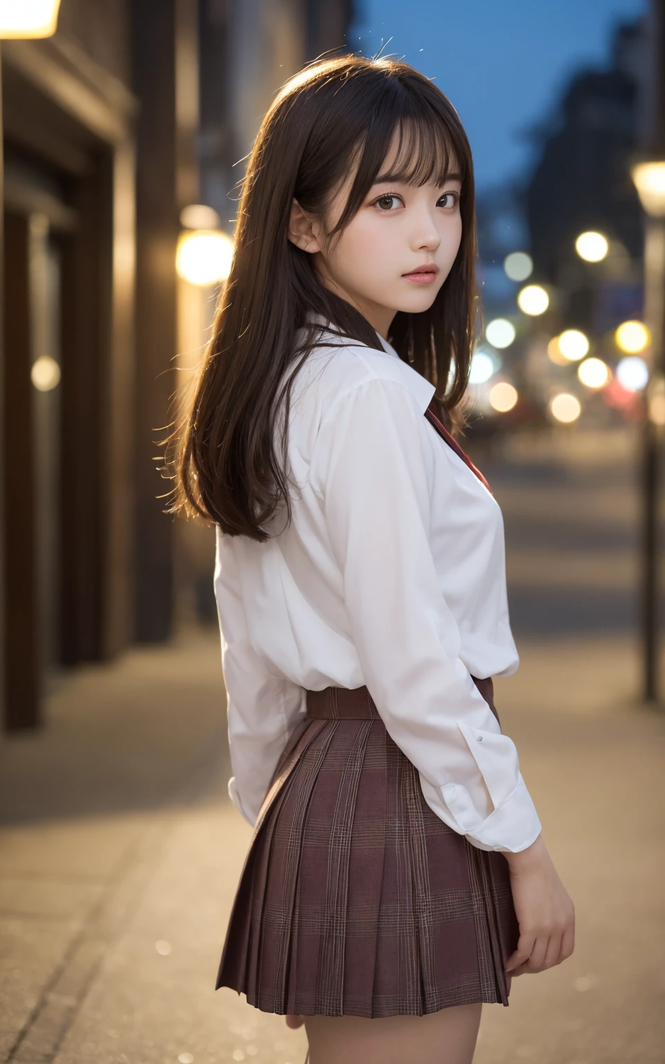 （8k、live-action、High definition photos:1.2、Best Quality:1.2、masterpiece:1.2),(Town、Outdoors,Front lighting:1.2),((Perfect lighting)),(濡れたhair),Watching the audience,Sexy pose, cute笑顔,Symmetrical eyes,1,student,White skin,knees,Small Face,前hairを真ん中から分けます、The forehead is visible,skinny,skinny)、masterpiece,Best Quality、超A high resolution,One person, solo,cute、Back to Students,(Japanese school uniform:1.3),High school girl,Japanese women,（フォトReal：1.37）、Photon Mapping,Realistic、cuteSmall Face,Brown eyes、prospect、Depth of written boundary、Blurred Background、Real,(前hairが見える), hair, (Nogizaka Idol:1.2), actress、Big and ample breasts、Cleavage、Super fine、7 heads、Beautiful Skin、(Skin with visible pores:1.2)、(Focus on the face)、Natural neck、Check and correct the skeleton