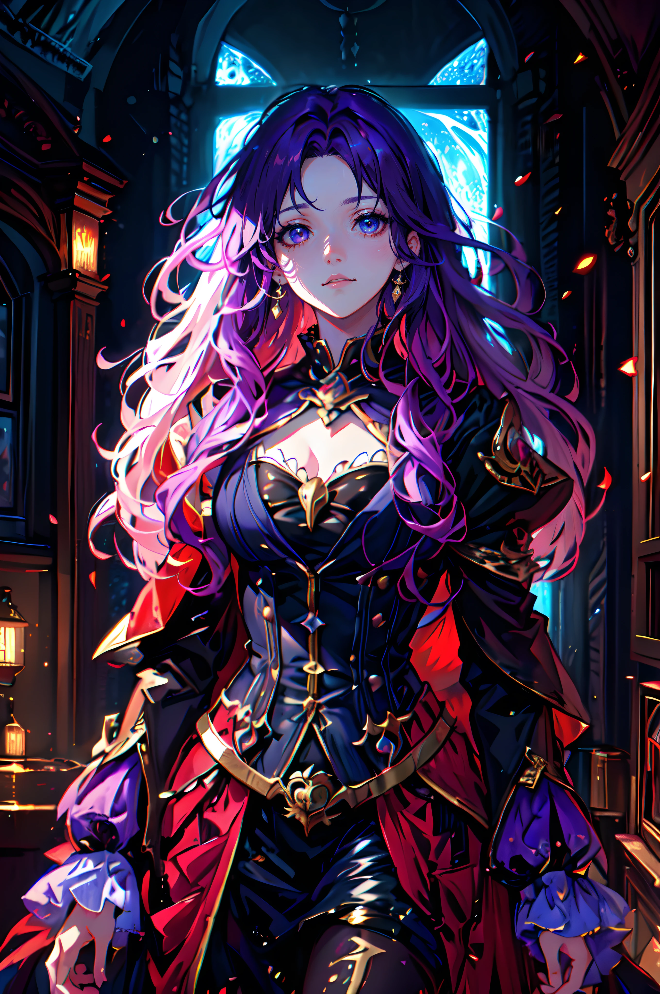 Lunar Angelic Deity, girlish, colorful fantasy, Anime Art, long hair, Purple Jacket, Angelic Victorian Clothing, DarkFantasy. character design, Gothic, spectrally. hdr.