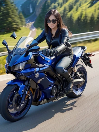 ((masterpiece)), ((best quality)), (ultra-detailed), ((beautiful eyes)), Japanese female, beautiful,2 Motorcycles, mountain pass, riding a motorcycle, ((Yamaha super sports motorcycle)), (red T-shirt), (denim), hang-off, high-speed riding, (motion blur: 1.5)