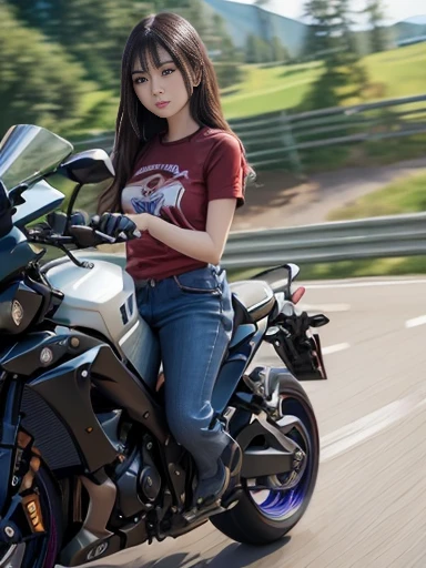 ((masterpiece)), ((best quality)), (ultra-detailed), ((beautiful eyes)), Japanese female, beautiful,2 Motorcycles, mountain pass, riding a motorcycle, ((Yamaha super sports motorcycle)), (red T-shirt), (denim), hang-off, high-speed riding, (motion blur: 1.5)