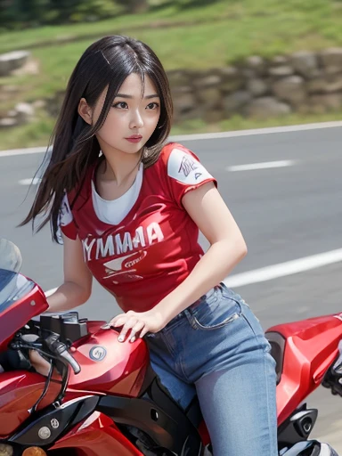 ((masterpiece)), ((best quality)), (ultra-detailed), ((beautiful eyes)), Japanese female, beautiful,2 Motorcycles, mountain pass, riding a motorcycle, ((Yamaha super sports motorcycle)), (red T-shirt), (denim), (hang-off:1.3), high-speed riding, (motion blur: 1.5)