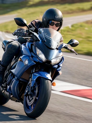 ((masterpiece)), ((best quality)), (ultra-detailed), ((beautiful eyes)), Japanese female, beautiful,2 Motorcycles, mountain pass, riding a motorcycle, ((Yamaha super sports motorcycle)), (red T-shirt), (denim), (hang-off:1.3), high-speed riding, (motion blur: 1.5)