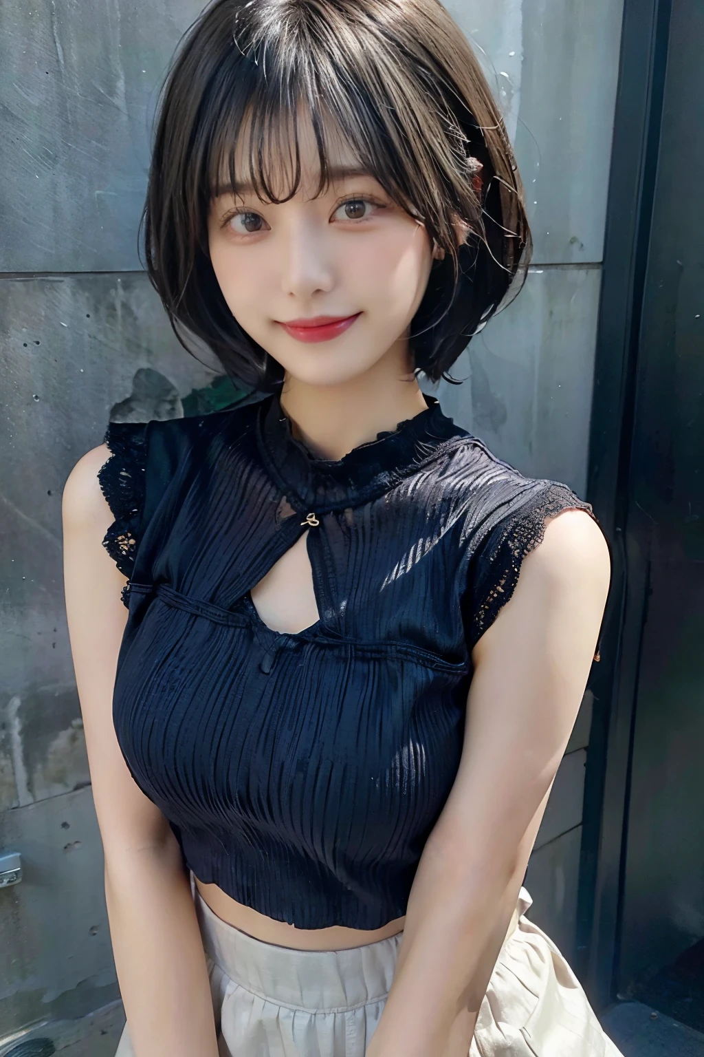 ((sfw: 1.4)), ((sfw, arms behind back, earrings, hairpin, choker, extra short hair, sidelocks-hair, smile, 1 girl)), ultra high resolution, (real: 1.4), RAW photo, highest quality, (photorealistic), focus ,Soft light,(()),((Japanese)),(((Young face))),(Surface),(Depth of field),Masterpiece,(Photoreal),Woman,Bangs,( (1 girl)