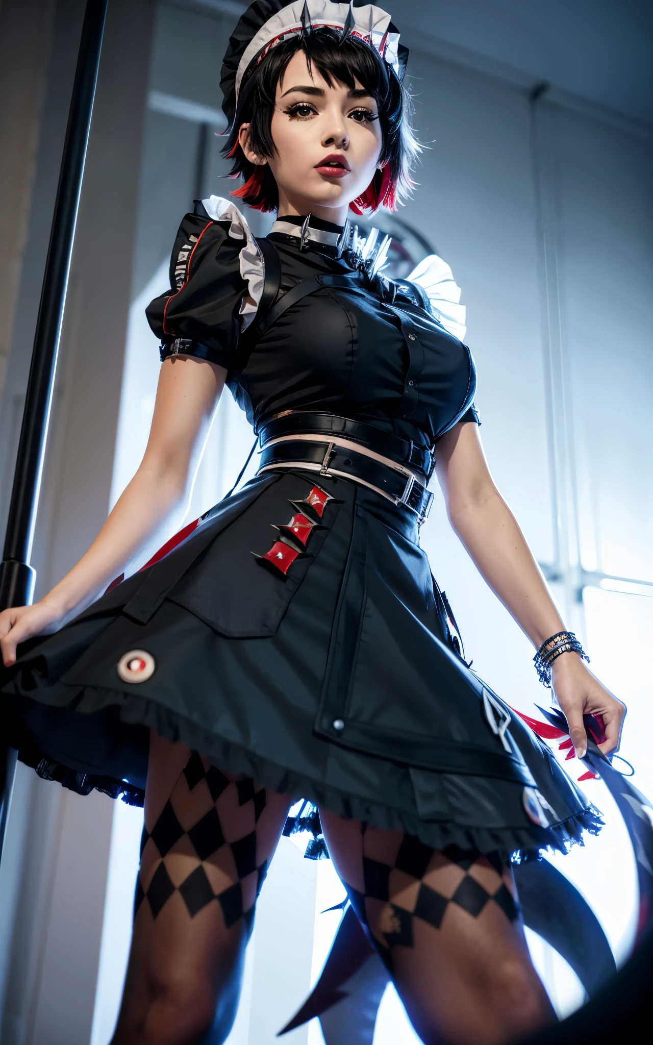 ellen joe, black hair, colored inner hair, multicolored hair, (red eyes:1.3), red hair, short hair, two-tone hair,
apron, black pantyhose, black shirt, black skirt, ear piercing, fins, fish tail, maid, maid apron, maid headdress, pantyhose, piercing, puffy short sleeves, puffy sleeves, shark girl, shark tail, shirt, short sleeves, skirt, tail, two-tone hair, wrist cuffs,