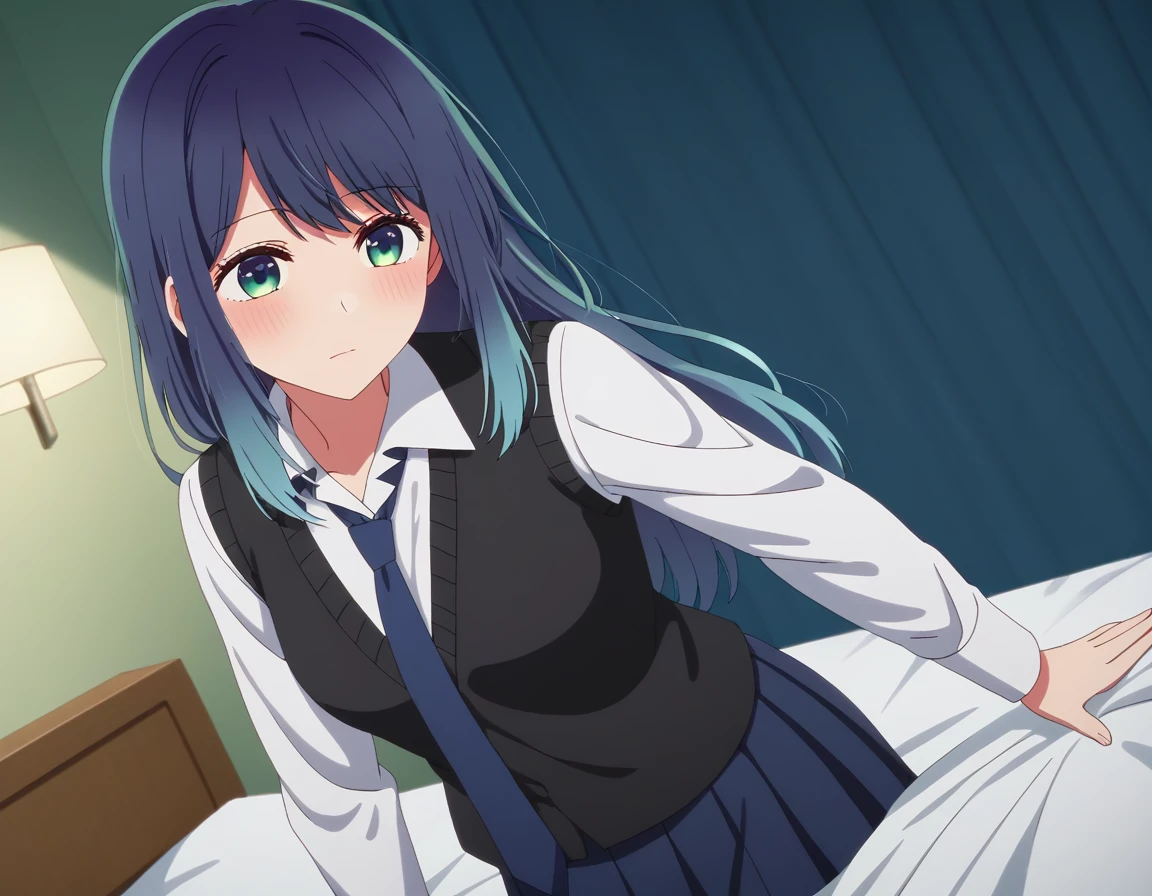 score_9, score_8_up, score_7_up, sauce_anime, ambient light                                                                                                                                                     akane kurokawa, bangs, green eyes, blue hair, long hair, dark blue hair,  gradient hair                                                                                                                                           
shirt, school uniform, white shirt, necktie, collared shirt, vest, blue necktie, skirt, blue skirt,                                                                            indoors, bed, bed room,  (side on),                                                                                                                                                                                           
cowboy shot,, looking up, solo, dutch angle, blush,,  ,medium breasts,                                                                                                                                                                                                                                                                                  