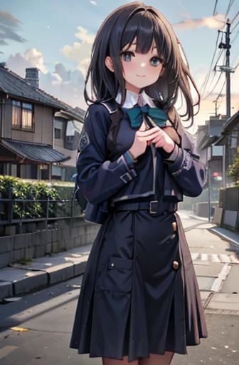 Prompt Tags: 1 girl, cute, , View your viewers, smile, Wearing school uniform, happy, Suburban, evening, Simple Background, Beautiful pose, High resolution, Beautiful environment, masterpiece, Higher quality and more stable diffusion: 1 girl, cute , View your viewers, smile,Wearing school uniform, surrounded by a beautiful Suburban environment at evening. The girl has a Simple Background, 絵のようにBeautiful poseで立っている. 画像はHigh resolutionで品質も優れています, Capture every detail. The whole scene looks like a masterpiece, It has a wonderful and quiet atmosphere.Very large breasts、Long Hair、