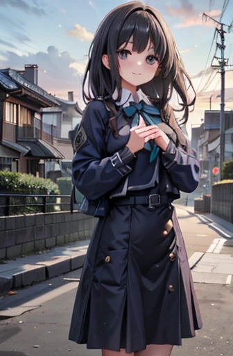 Prompt Tags: 1 girl, cute, , View your viewers, smile, Wearing school uniform, happy, Suburban, evening, Simple Background, Beautiful pose, High resolution, Beautiful environment, masterpiece, Higher quality and more stable diffusion: 1 girl, cute , View your viewers, smile,Wearing school uniform, surrounded by a beautiful Suburban environment at evening. The girl has a Simple Background, 絵のようにBeautiful poseで立っている. 画像はHigh resolutionで品質も優れています, Capture every detail. The whole scene looks like a masterpiece, It has a wonderful and quiet atmosphere.Very large breasts、Long Hair、