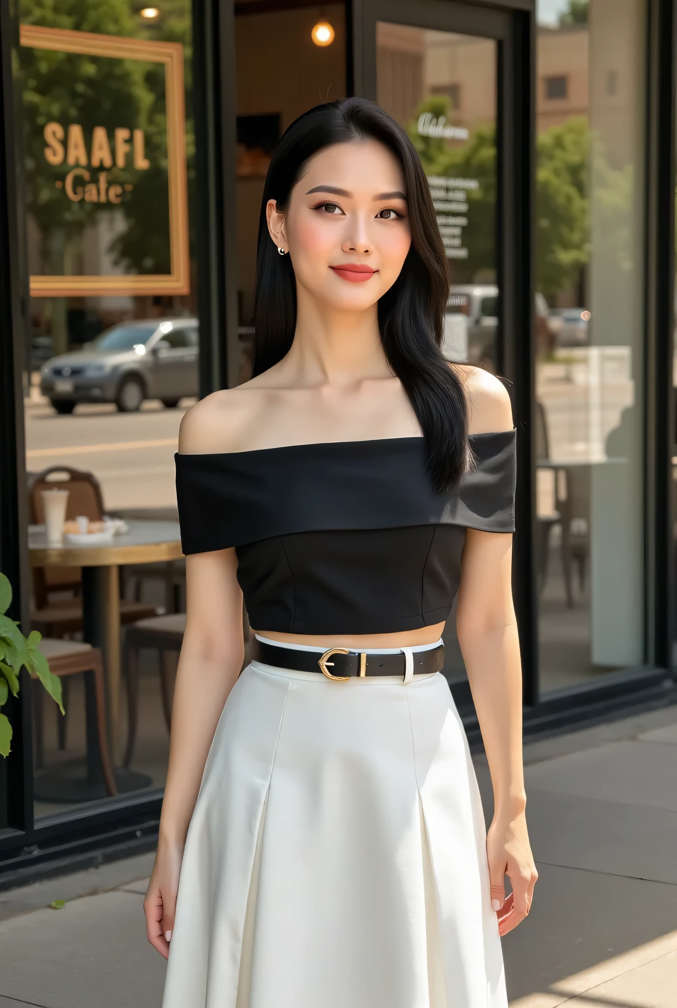 photography, model shoot, cowboy shot of a woman wearing a black off shoulder shirt and white skirt standing outside a cafe, she is posing, she has pretty lipstick, she is smiling, bright color, day light
