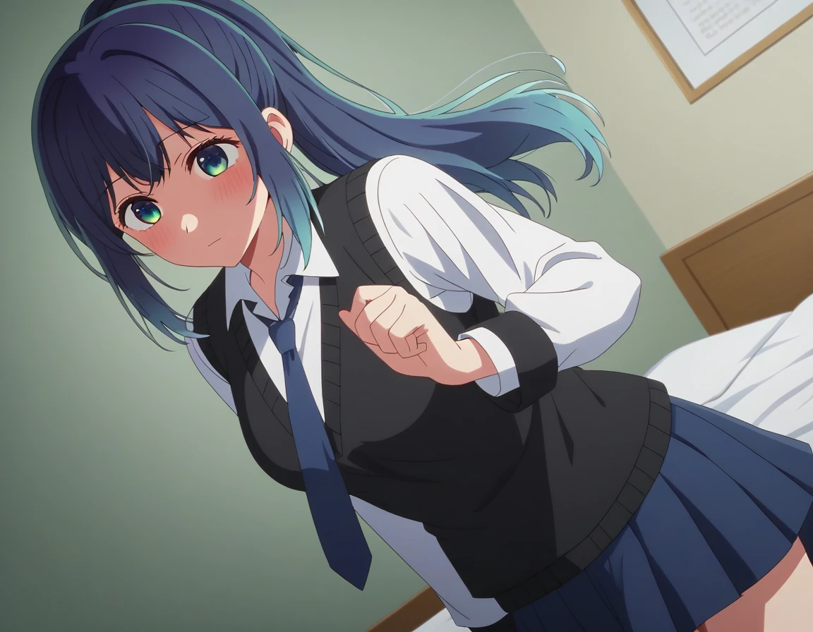 score_9, score_8_up, score_7_up, sauce_anime, ambient light                                                                                                                                                     akane kurokawa, bangs, green eyes, ponytail hair , blue hair, long hair, dark blue hair,  gradient hair                                                                                                                                           
shirt, school uniform, white shirt, necktie, collared shirt, vest, blue necktie, skirt, blue skirt,                                                                            indoors, bed, bed room,  (side on), on bed,                                                                                                                                                                                          
cowboy shot,, looking up, solo, dutch angle, blush,,  ,medium breasts,                                                                                                                                                                                                                                                                                  