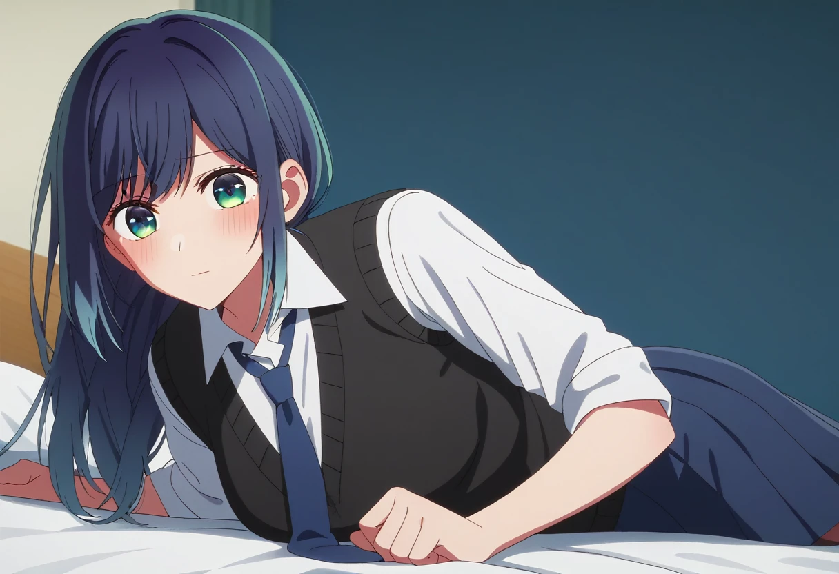 score_9, score_8_up, score_7_up, sauce_anime, ambient light                                                                                                                                                     akane kurokawa, bangs, green eyes, ponytail hair , blue hair, long hair, dark blue hair,  gradient hair                                                                                                                                           
shirt, school uniform, white shirt, necktie, collared shirt, vest, blue necktie, skirt, blue skirt,                                                                            indoors, bed, bed room,  (on side), on bed,                                                                                                                                                                                          
cowboy shot,, looking up, solo, dutch angle, blush,,  ,medium breasts,                                                                                                                                                                                                                                                                                  