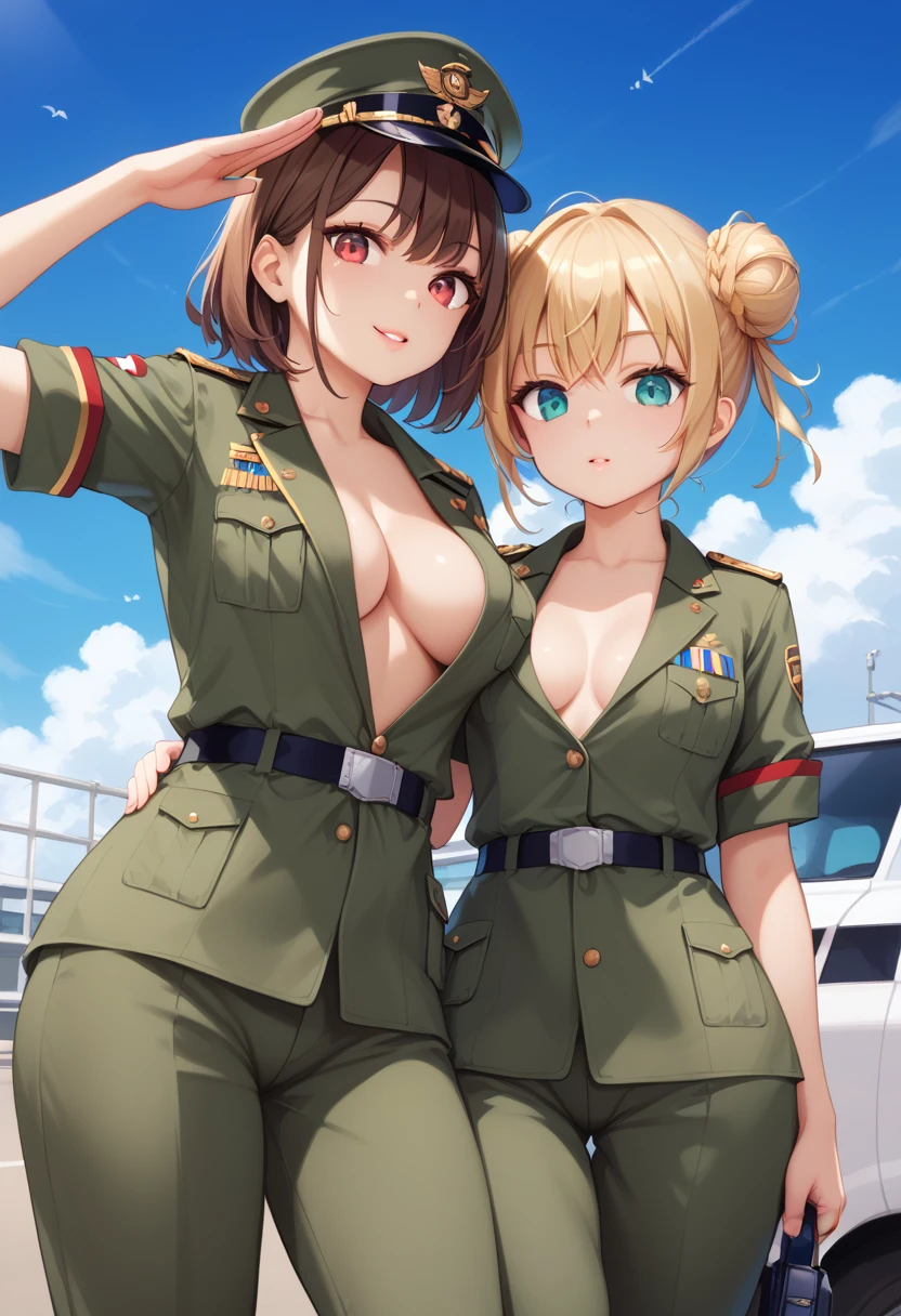 cowboy shot, front view, looking at viewer, dynamic angle, blue sky of airport, Fighter salute, military uniform, salute, BREAK,
autumn, 2 girl, petite, 18yo, blonde hair, long hair, double hair buns, brown hair, short hair,
big eyes, droopy eyes, aqua eyes, red eyes, pointy breasts, cleavage, open clothes, BREAK,
(masterpiece, best quality, ultra-detailed:1.2), realistic photo, hyper detailed, fine line drawing, 