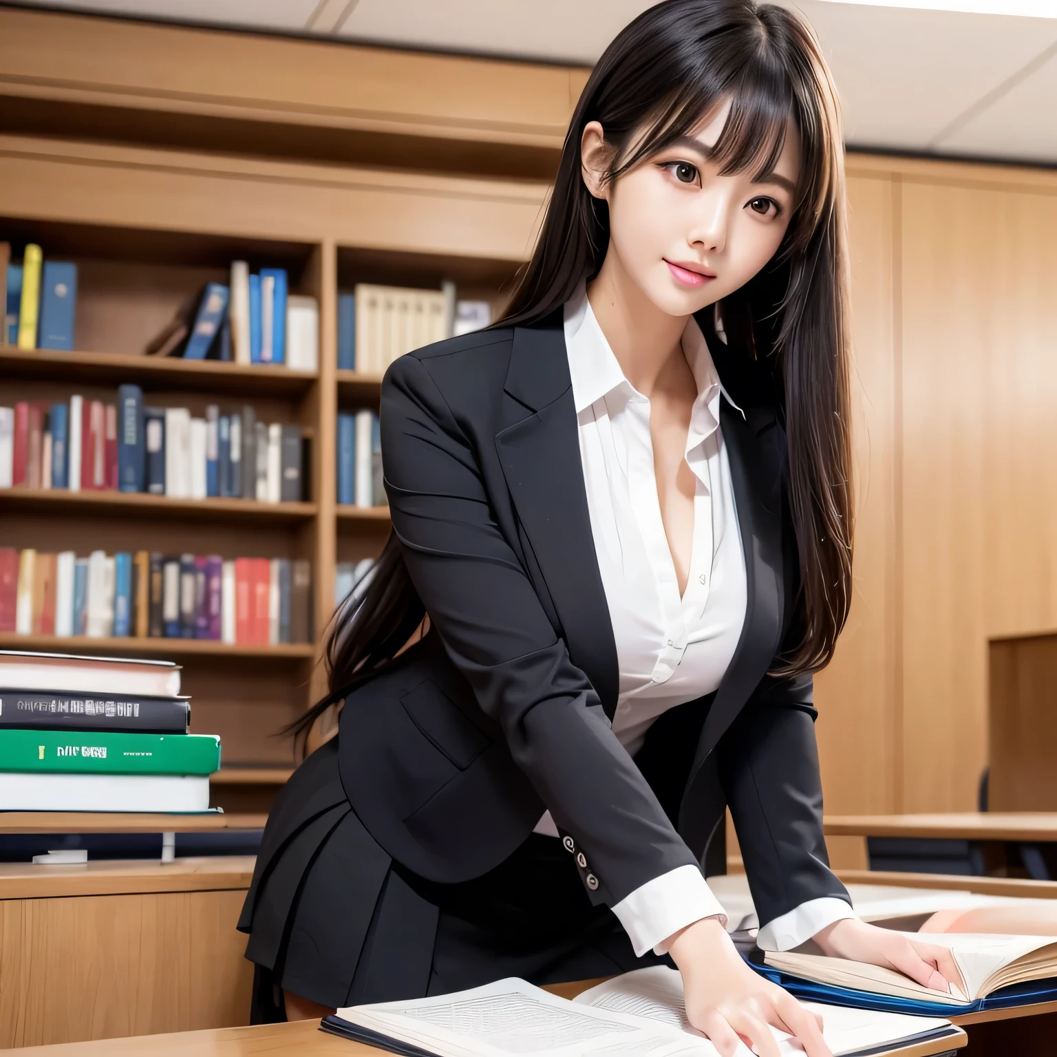 a girl wearing a red dress goes to an interview at a labor export business, in the meeting room there is a purple meeting table and red chair with 5 handsome recruitment staff