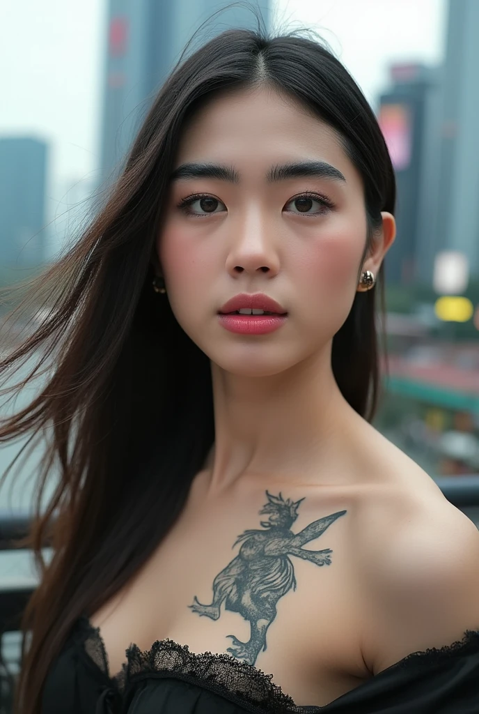 A stunning young korean woman with a bold tattoo on her arm, poses confidently against the vibrant backdrop of a bustling city. Her oval-shaped face is framed by a radiant glow, accentuating her frosty-pink lips and small earrings. Every detail, from the intricate design on her tattoo to the fine lines on her face, exudes high-quality craftsmanship. The photorealistic image captures the essence of urban beauty.