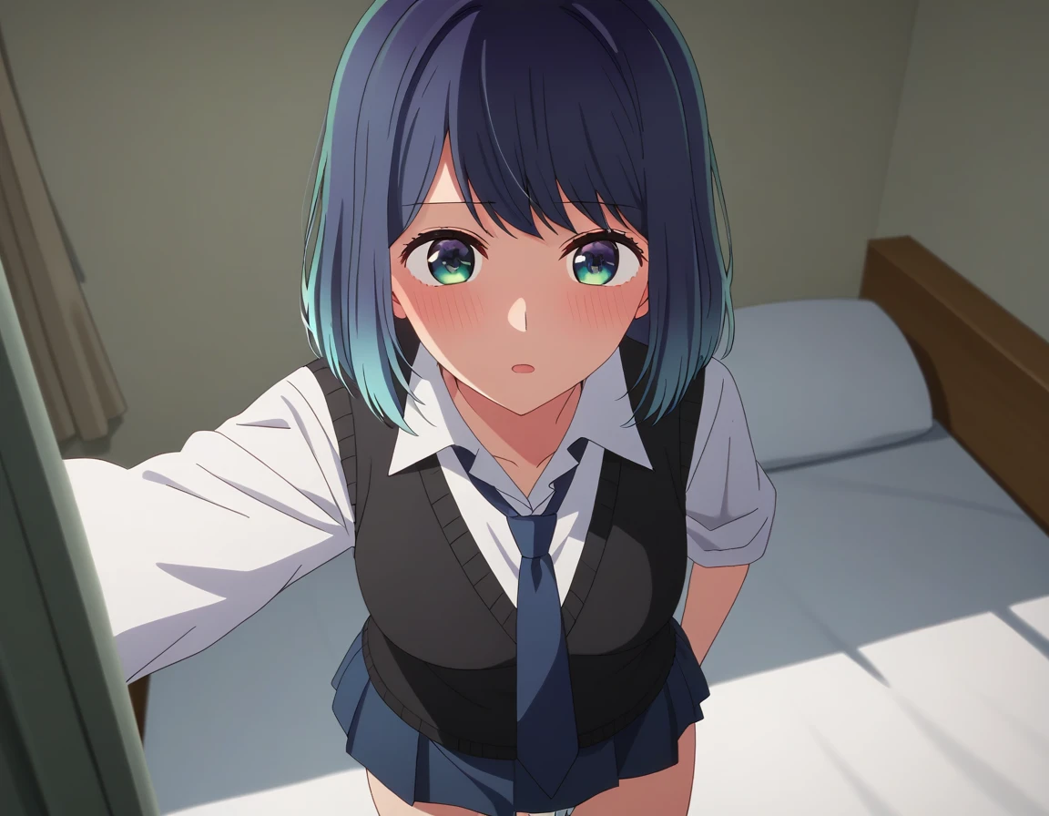 score_9, score_8_up, score_7_up, sauce_anime, ambient light                                                                                                                                                     akane kurokawa, bangs, green eyes , blue hair, medium hair, dark blue hair,  gradient hair                                                                                                                                           
shirt, school uniform, white shirt, necktie, collared shirt, vest, blue necktie, skirt, blue skirt, in panties,                                                                           indoors, bed, bed room,  (side on), on bed,                                                                                                                                                                                          
cowboy shot,, looking up, solo, dutch angle, blush,,  ,medium breasts,                                                                                                                                                                                                                                                                                  