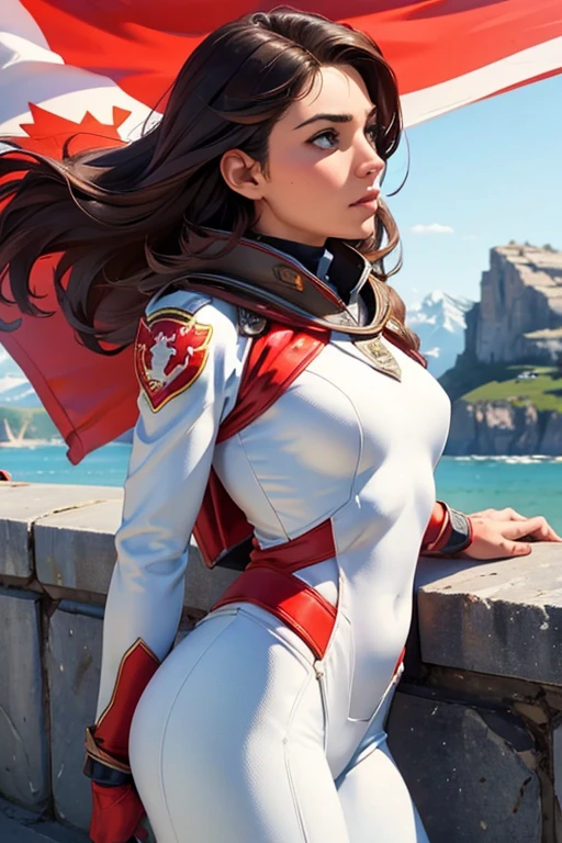 A girl, red top costume, white pants, sunlight, clear face, pure white background, holding a red and white flag, masterpiece, super detailed, epic composition, ultra HD, high quality, highly detailed, official art, wallpaper uniform 8k, super detail, 32k -- v 6