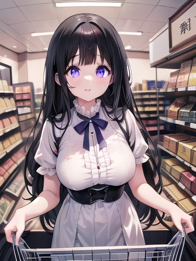 Alluka Zoldyck,black hair,blue eyes, long hair,hair ornament,hairband , empty eyes , large breasts, nipple, , Peeing, lactation, projectile lactation, Sweets shop, frozen, wet, crying ,, Naked, , (1girl) ,solo