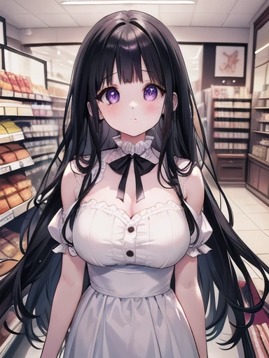 dia kurosawa, long hair, bangs, black hair, hair ornament, green eyes, sidelocks, hairclip, blunt bangs, convenience store, large breasts、 wearing nothing, Nipples, nsfw,