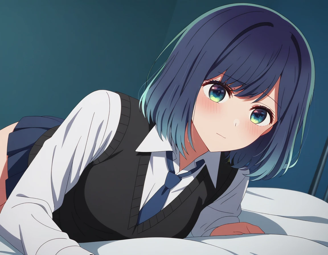 score_9, score_8_up, score_7_up, sauce_anime, ambient light                                                                                                                                                     akane kurokawa, bangs, green eyes , blue hair, medium hair, dark blue hair,  gradient hair   ,close up face:0.2,                                                                                                                                        
shirt, school uniform, white shirt, necktie, collared shirt, vest, blue necktie, skirt, blue skirt, in panties,                                                                           indoors, bed, bed room,  (on side), on bed,                                                                                                                                                                                          
cowboy shot,, looking up, solo, dutch angle, blush,,  ,medium breasts,                                                                                                                                                                                                                                                                                  