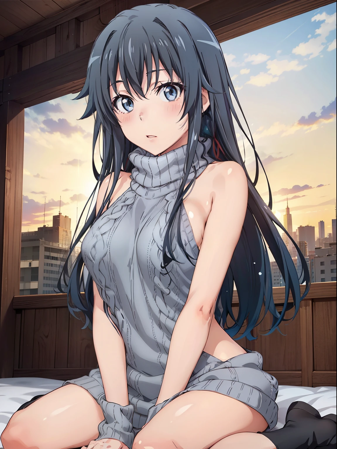 (Best Quality, High resolution, Pixel perfect, Depth of written boundary, 4K, Beautiful Anime Girls),
Watching the audience,
Perfect body,
Yukinoshita Yukino,
blush、Embarrassing、
virgin killer sweater, Grey sweater、
Wariza、
