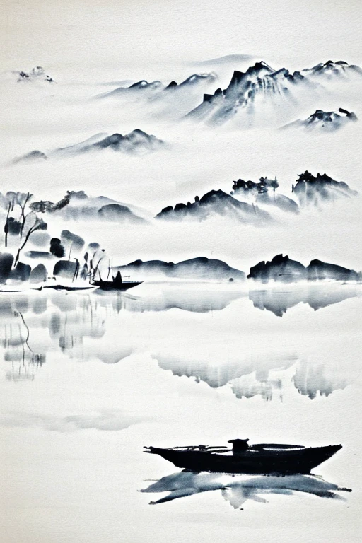 Chinese Ink Painting，Traditional painting，landscape，Small boat，Lake，
Snow Scene，Minimalism，White Space，Abstract Expressionism，Brush texture，