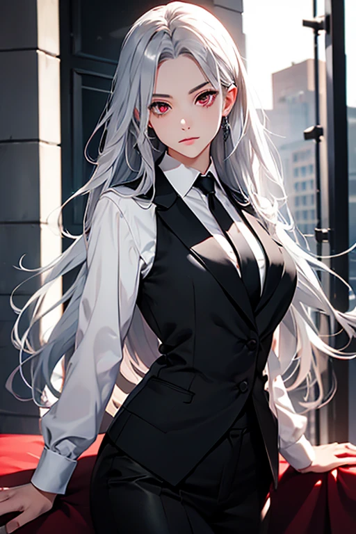 female, Silver hair, Red eye, Long hair, black suit, white shirt, black tie, medium breasts