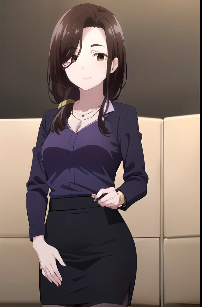 Erigot, Goto Airi, Long hair, Brown hair, (Brown eyes:1.5), Weaving, mole, mole under eye, Shoulder-length hair, Mature female, Smile,
rest skirt, shirt, Jewelry, jacket, Pantyhose, Black skirt, necklace, Black footwear, High heel, bracelet, black jacket, Side slits, Pencil Skirt, purple shirt, office lady,
rest indoors, office,
rest looking at viewer, (Cowboy shooting:1.5),
rest (masterpiece:1.2), best quality, high resolution, Unity 8K wallpaper, (illustration:0.8), (Beautiful and delicate eyes:1.6), Extremely detailed face, Perfect lighting, Extremely detailed CG, (Perfect hands, Perfect anatomical structure),