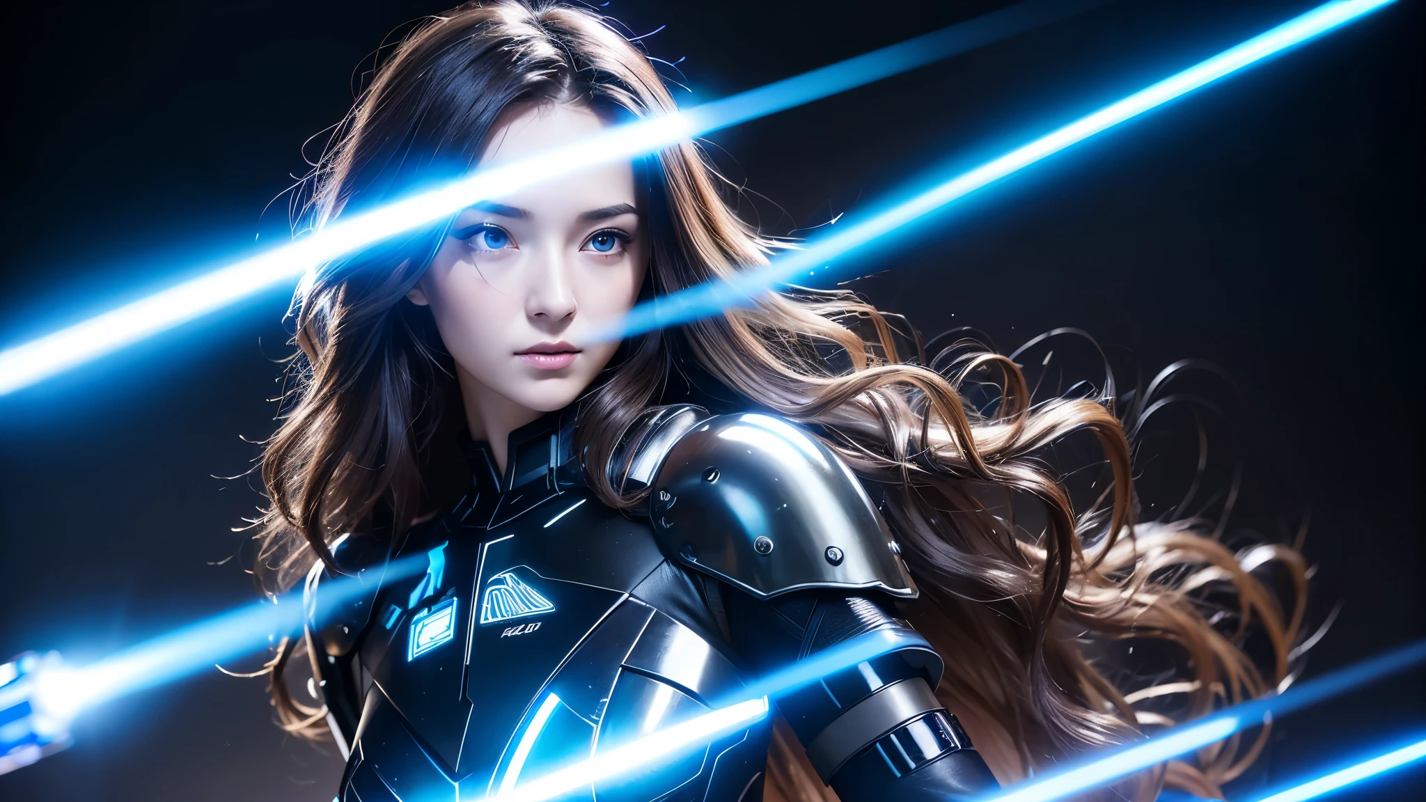 (aesthetic, Realism: 1.3), Professional photographer、Blurred black background:1.5、Photo Studio、Cinema Lighting ,Young women , 20 years old women, (whole body), deep blue wavy flowing hair, holding a very bright blue light saber, super shiny saber, with combat pose, blue eyes, wearing hyper illuminated armor, with lights between the metal parts of the armor , cyberpunk