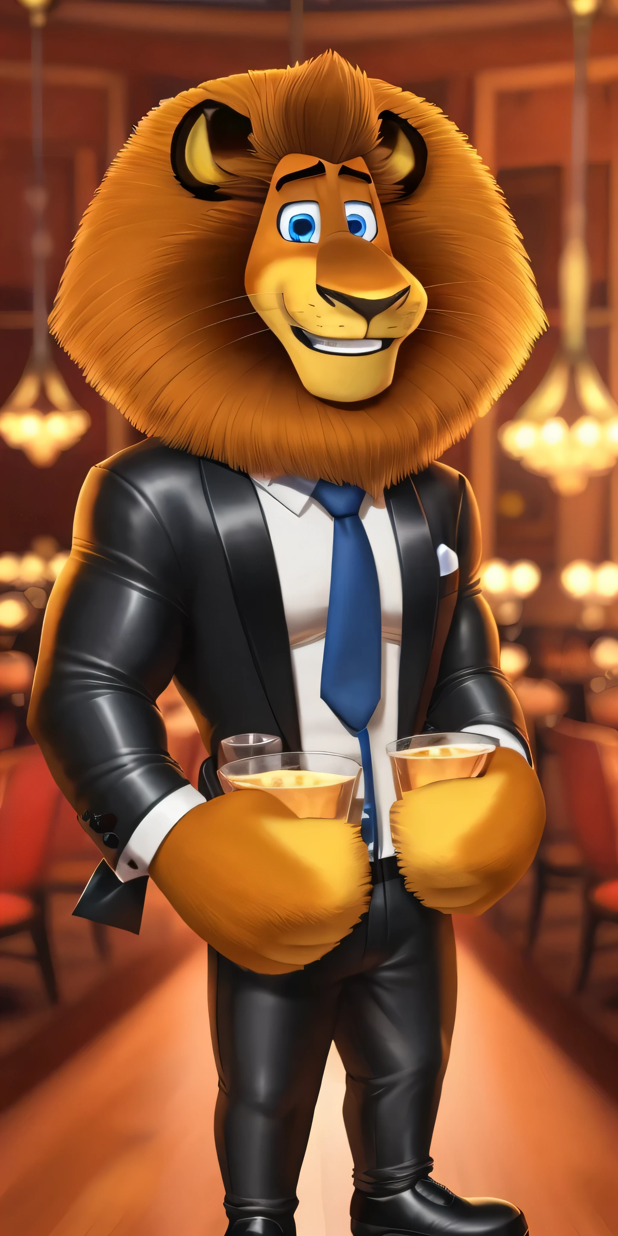 AlexLion, solo, cartoony proportions, correct anatomy, muscular body, biceps anatomy correct, big biceps, extremely beautiful and cute face, perfect face, ultra quality face, perfect eyes, ultra quality eyes, perfectly detailed blue eyes, white iris with perfectly detailed pupils, ultra quality fur, soft and delicate fur, tuxedo with red tie, black pants, leather shoes, on a date, restaurant background, gently looking at viewer, holding a bouquet of flowers in his hands, cute smiling, radiant, cute, handsome, beautiful, kind, sweety, extremely charismatic, majestic, friendly, simply irresistible, well-mannered, polite, cultural, grin, attractive, charming, super good looking, hot, sexy, mature, adult, pacifist, calm, face focus, ultra detalization, perfect detalization, perfectly detailed, ultra HD quality, highest resolution, 4k, 8k.