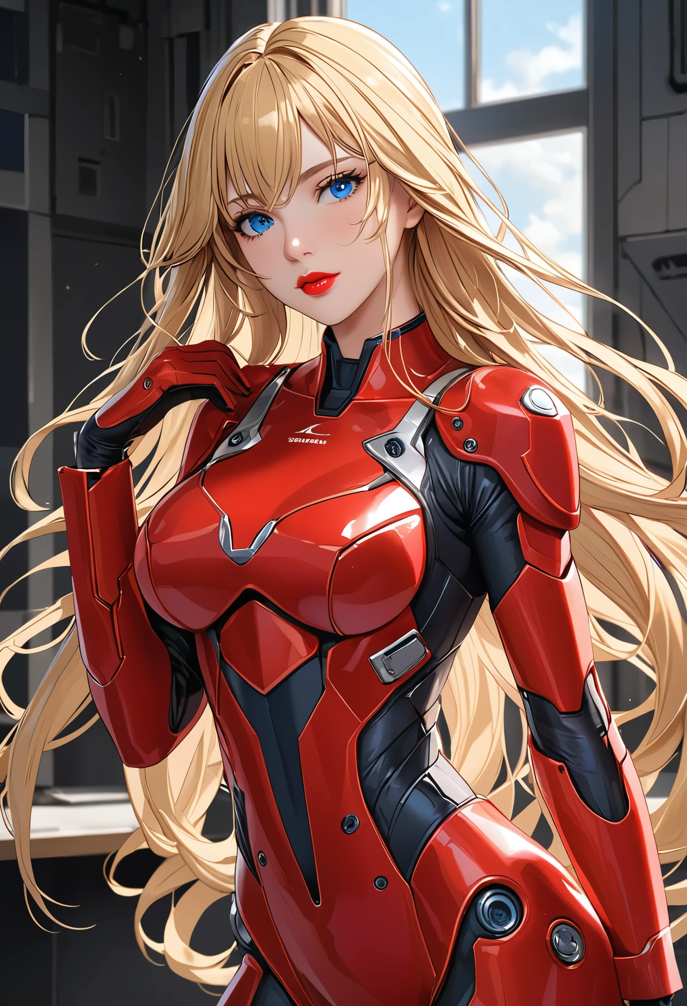 Masterpiece,high resolution,best quality,ultra detailed,1woman,female_focus,
blonde long hair, red lips, blue eyes,
BREAK
great body, red battlesuit