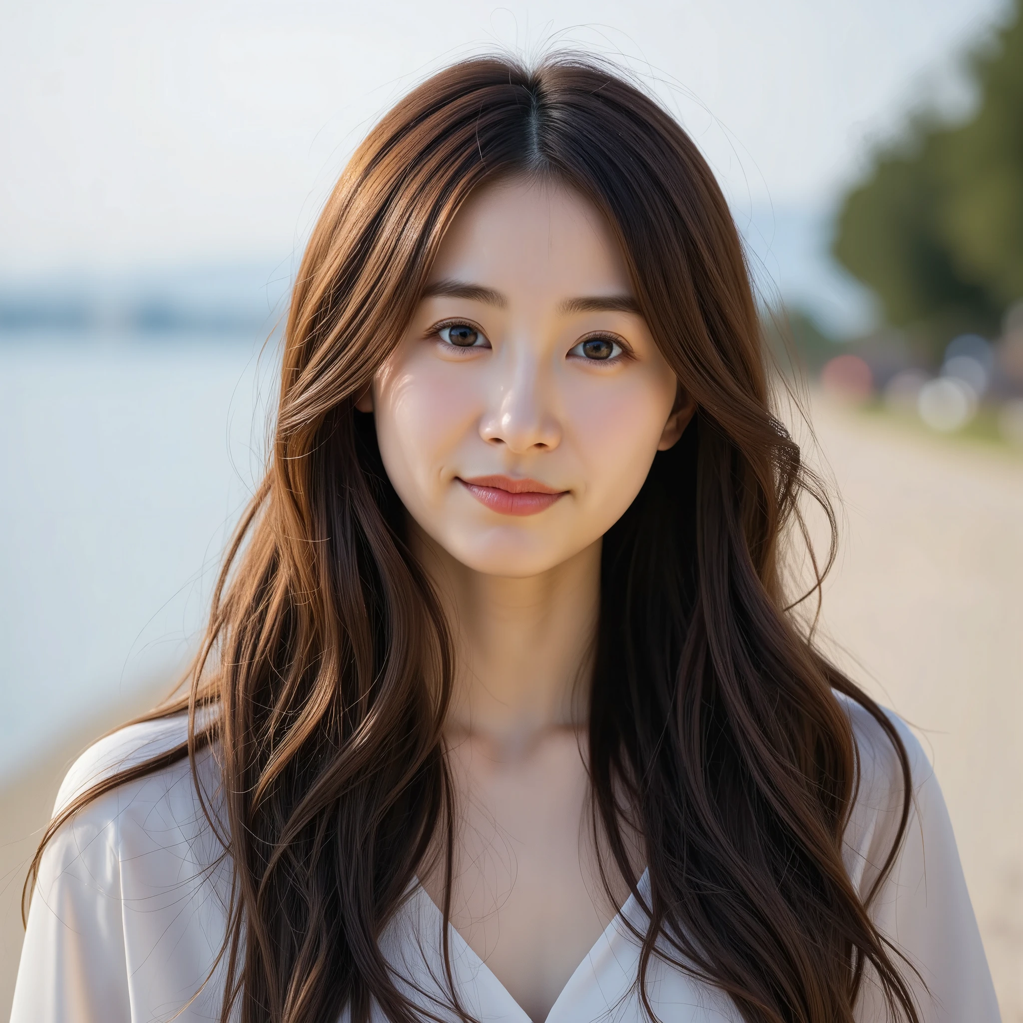 A portrait of a young east-asian woman with long messy brown hair, standing outdoors near a body of water,and she is smiling with a soft focus background and natural lighting.