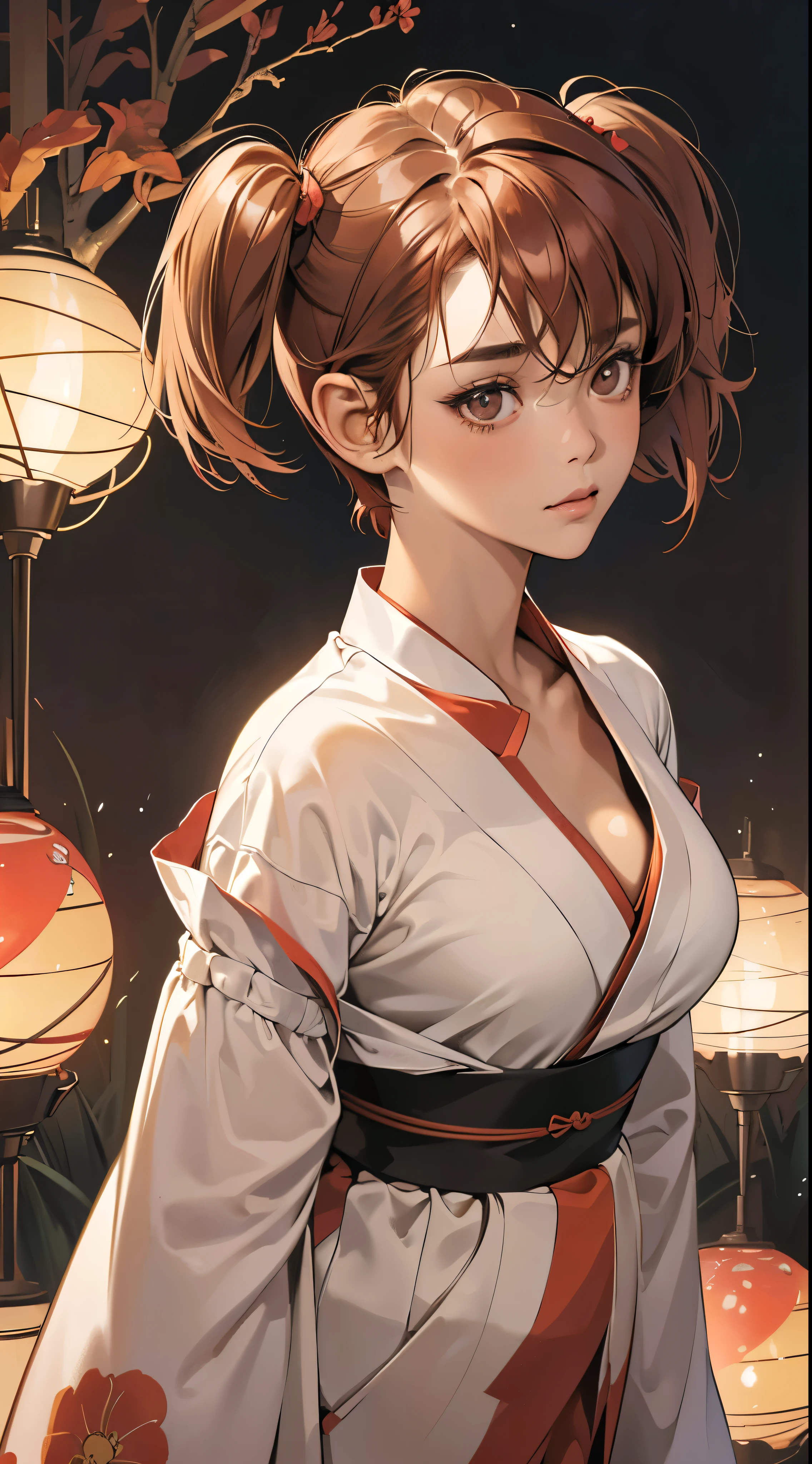 Young girl 14 years old, short silver bob hair, hair flower, sharp bangs between the eyes, yellow  eyes, eyes large, traditional chinese imperial clothes black with gold details, red skirt, black thigh high socks. lateral view, fully body, crouched on the street of a Japanese city, at night, with full moon in the background, light reflecting on the sexy and sweaty body. (((sweat)))