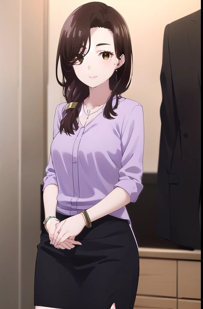 Erigot, Goto Airi, Long hair, Brown hair, (Brown eyes:1.5), Weaving, mole, mole under eye, Shoulder-length hair, Mature female, Smile,
rest skirt, shirt, Jewelry, jacket, Pantyhose, Black skirt, necklace, Black footwear, High heel, bracelet, black jacket, Side slits, Pencil Skirt, purple shirt, office lady,
rest indoors, office,
rest looking at viewer, (Cowboy shooting:1.5),
rest (masterpiece:1.2), best quality, high resolution, Unity 8K wallpaper, (illustration:0.8), (Beautiful and delicate eyes:1.6), Extremely detailed face, Perfect lighting, Extremely detailed CG, (Perfect hands, Perfect anatomical structure),