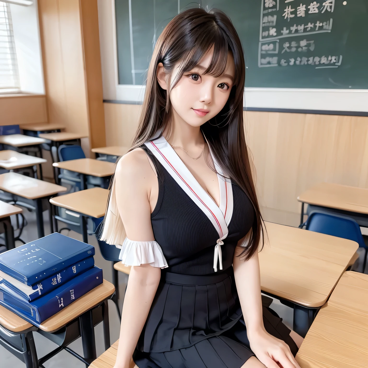 masterpiece, top quality, ultra high definition, colorful, flat color, depth of field, lens flare
1 girl, sitting, black hair, watching viewer, school, classroom, pleated mini skirt, black pantyhose, detailed touch, detailed fabric texture, beautiful detailed face, 30 year old beauty, adult atmosphere, bra, exposure