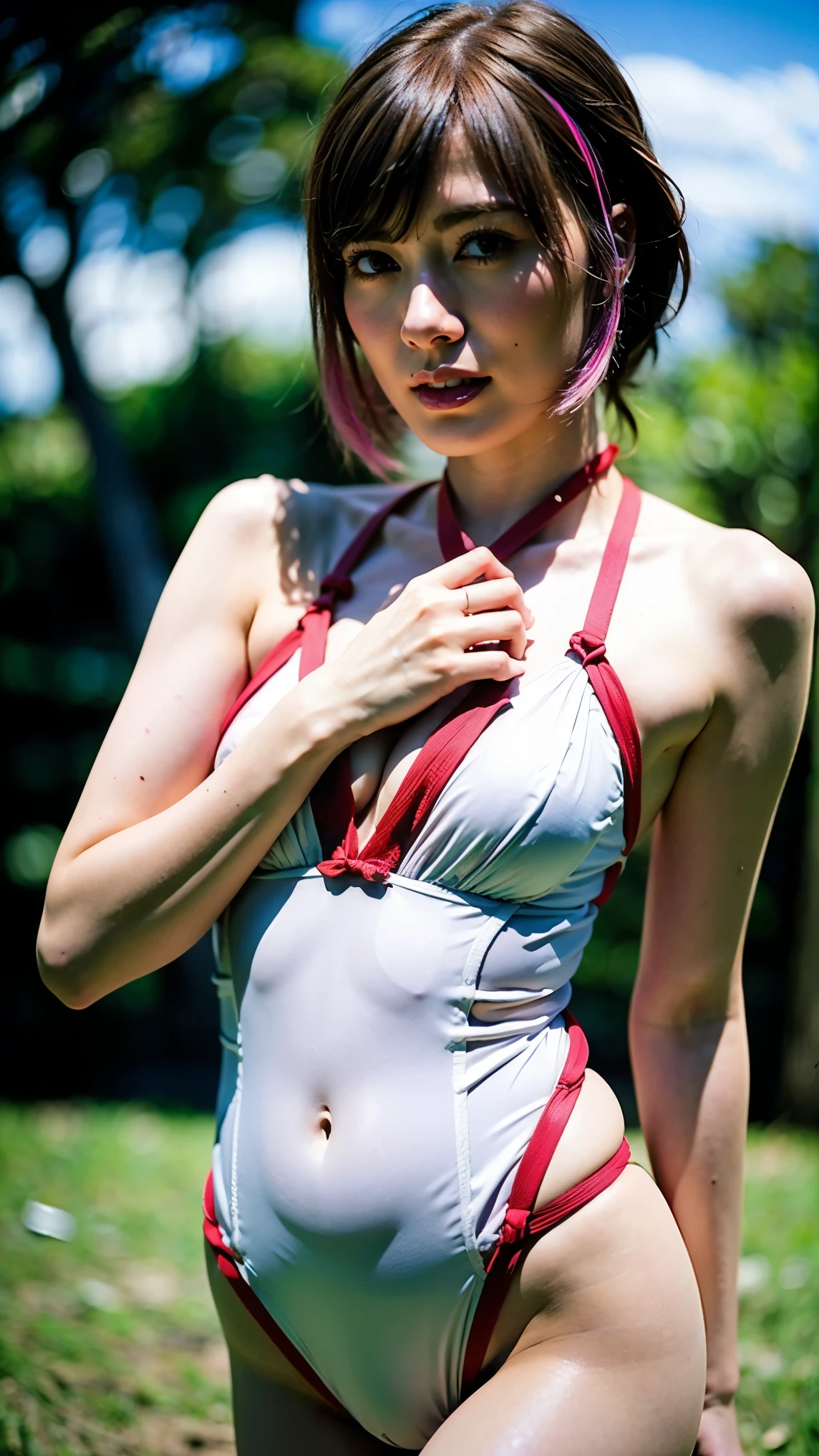 (Slim Belly: 1.2), (Slender and muscular body: 1.22), {Red ribbon(Ultra narrow:1.3)} (Wear a one-piece slingshot swimsuit, Tiny strings of ribbon: 1.22), Beautiful young woman in a sparkling pink slingshot swimsuit, smile, ((Random hairstyles and colorful hair:1.35)), At the Beach, Highly detailed anatomy, Best Quality, 4K, 8k, High resolution, masterpiece, Super detailed, Realistic, photoRealistic, photo-Realistic, High resolution, 超High resolution, Studio Lighting, Ultra-fine painting, Sharp focus, Physically Based Rendering, Extremely detailed description, professional, Vibrant colors, Bokeh