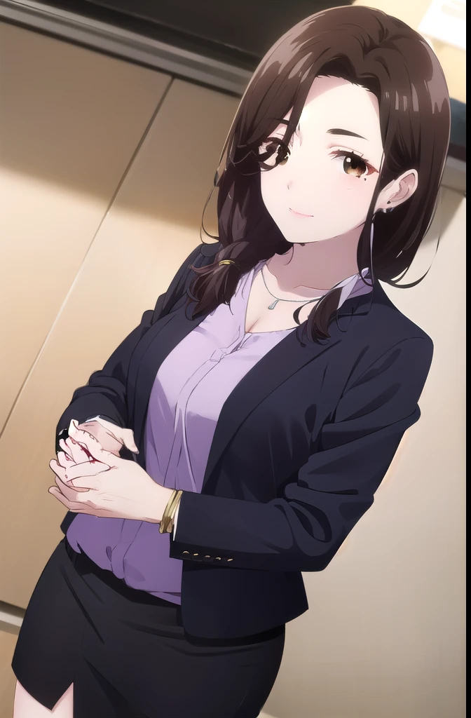 airigotou, airi gotou, long hair, brown hair, (brown eyes:1.5), braid, mole, mole under eye, hair over shoulder, mature female, smile,
BREAK skirt, shirt, jewelry, jacket, pantyhose, black skirt, necklace, black footwear, high heels, bracelet, black jacket, side slit, pencil skirt, purple shirt, office lady,
BREAK indoors, office,
BREAK looking at viewer, (cowboy shot:1.5),
BREAK (masterpiece:1.2), best quality, high resolution, unity 8k wallpaper, (illustration:0.8), (beautiful detailed eyes:1.6), extremely detailed face, perfect lighting, extremely detailed CG, (perfect hands, perfect anatomy),