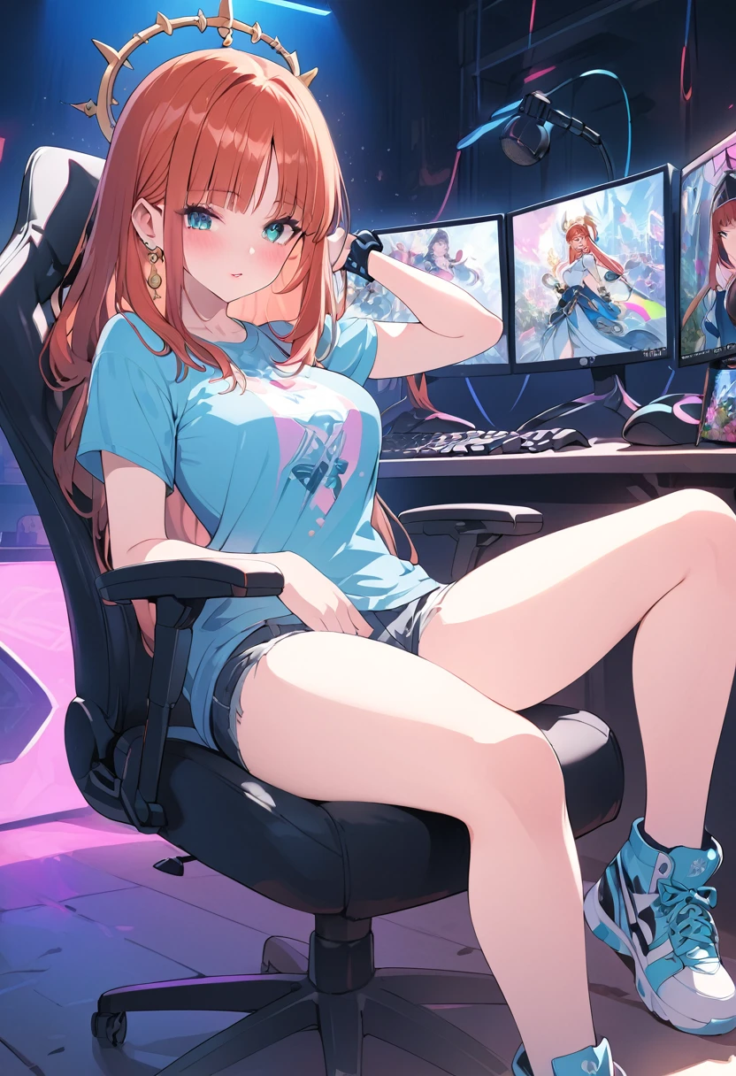 a gamer girl in a graphic tee, baggy jeans, and stylish sneakers, beautiful detailed eyes, beautiful detailed lips, extremely detailed face, longeyelashes, sitting on a gaming chair, gaming setup with a pc, rgb lighting, neon colors, cinematic lighting, vibrant colors, dynamic pose, anime style, digital art, highly detailed, 8k, best quality, masterpiece, nilou, niloudress, frilled, full body