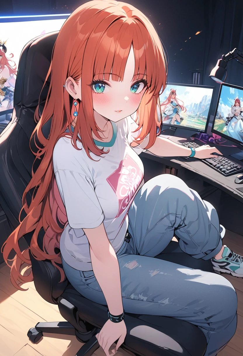 a gamer girl in a graphic tee, baggy jeans, and stylish sneakers, beautiful detailed eyes, beautiful detailed lips, extremely detailed face, longeyelashes, sitting on a gaming chair, gaming setup with a pc, rgb lighting, neon colors, cinematic lighting, vibrant colors, dynamic pose, anime style, digital art, highly detailed, 8k, best quality, masterpiece, nilou, niloudress, frilled, full body